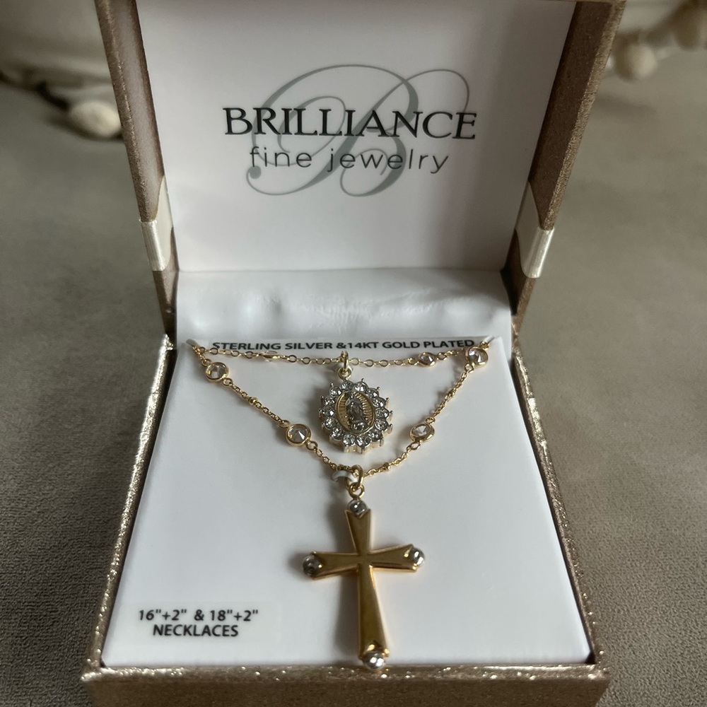 Brilliance Fine Jewelry Cross & Mother Mary Gold Necklace Set
